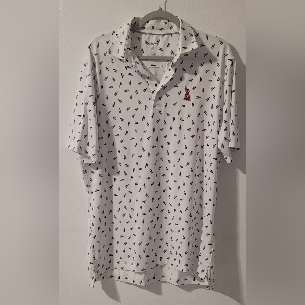 Johnny-O Los Angeles Angels Polo Shirt Men L White Abstract Print Stretch